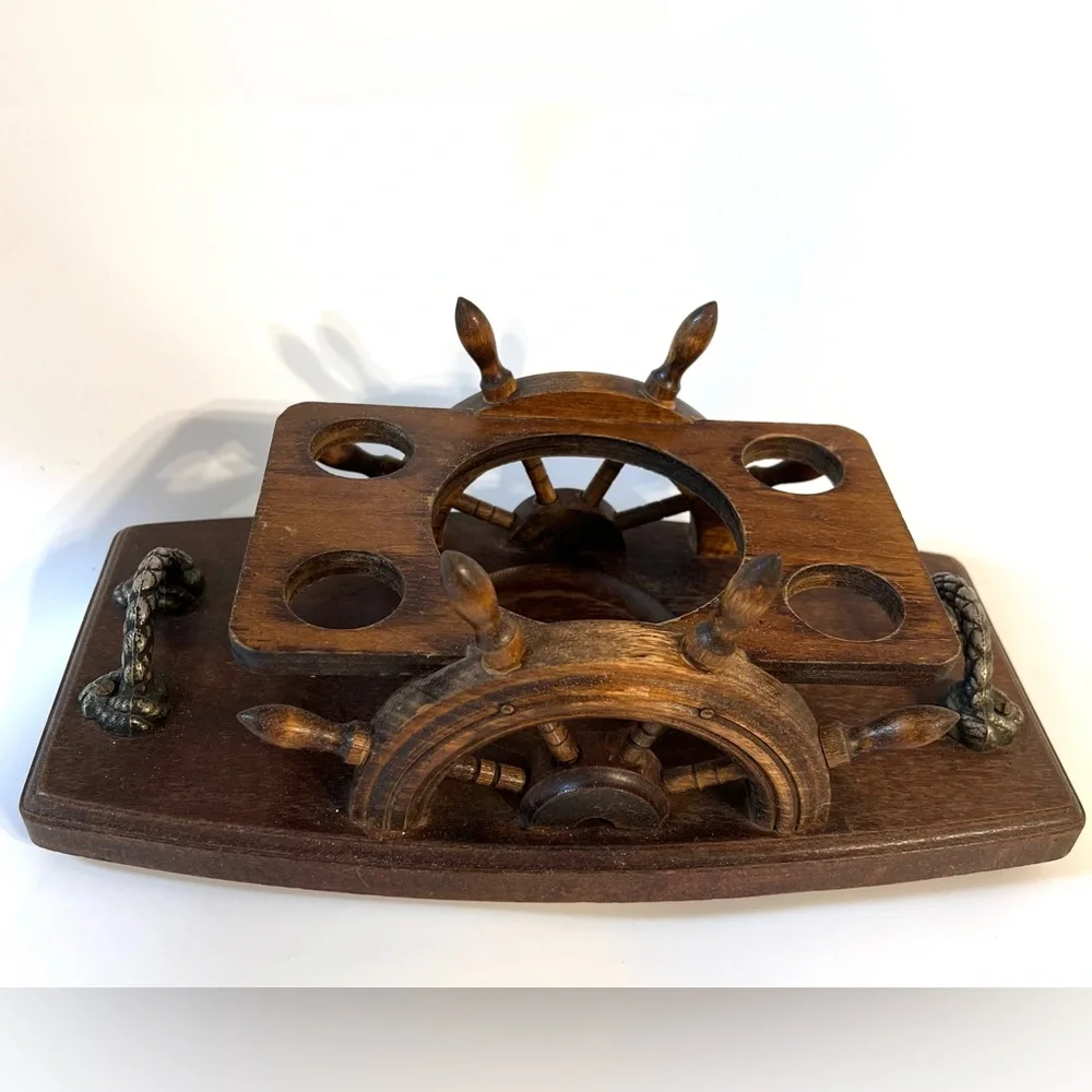 VTG Wooden Stand Ship's Wheel Serving Bar Tray for Bottle & Shot Glasses Handles